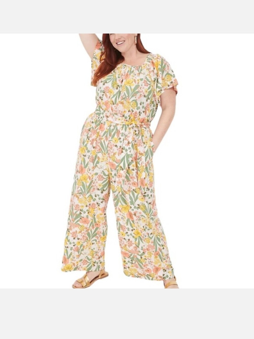 Lane Bryant 26 Jumpsuit Pastel Floral Flutter Sleeve Wide Leg Smocked